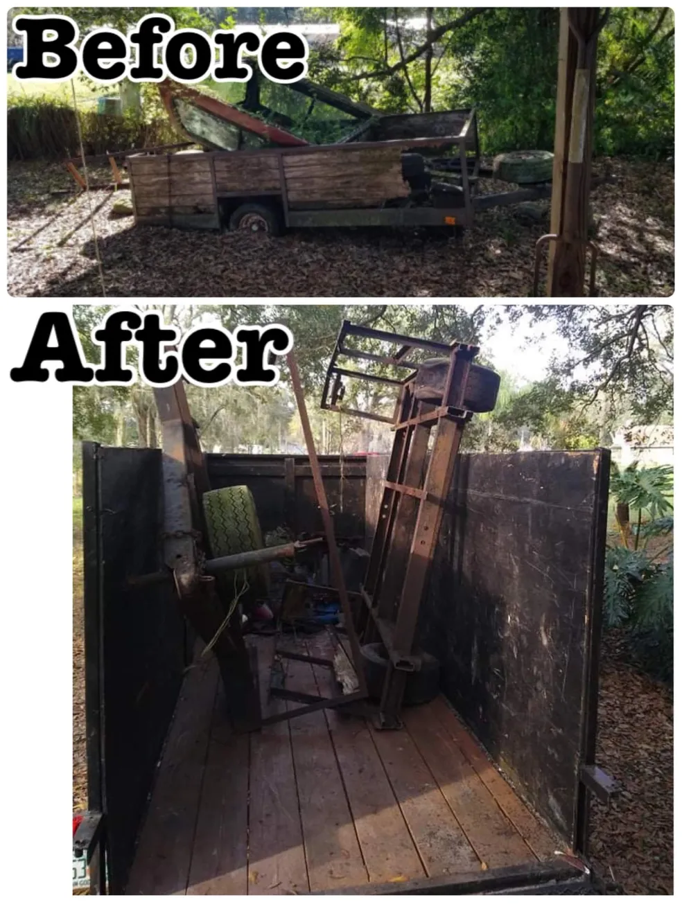 Before and after of an abandoned wooden utility trailer removed and its scrap metal loaded onto a Bargain Junk Removal dump trailer.