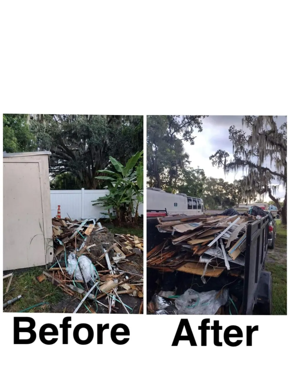 Before and after of a demolition debris pile of wood and construction scrap loaded onto a Bargain Junk Removal trailer.