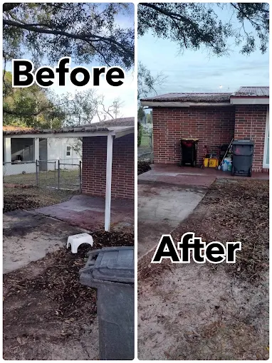 Before and after of a carport removed from the side of a brick home, leaving a clean concrete pad.