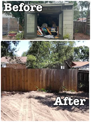 Before and after of a backyard storage shed removed, leaving bare graded dirt along the fence line.