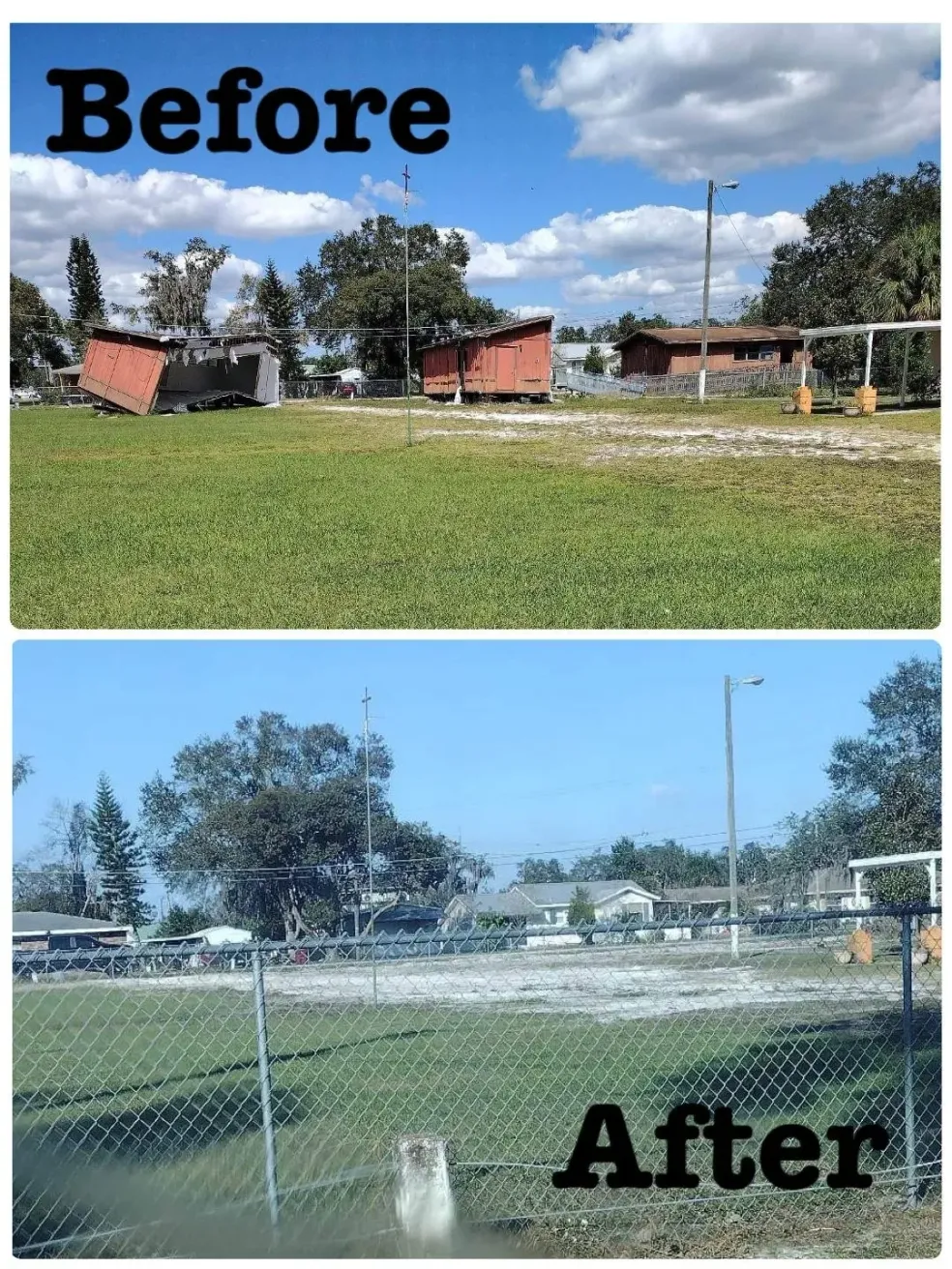 Before and after of an open lot with a collapsed shed and outbuildings, fully cleared by Bargain Junk Removal.